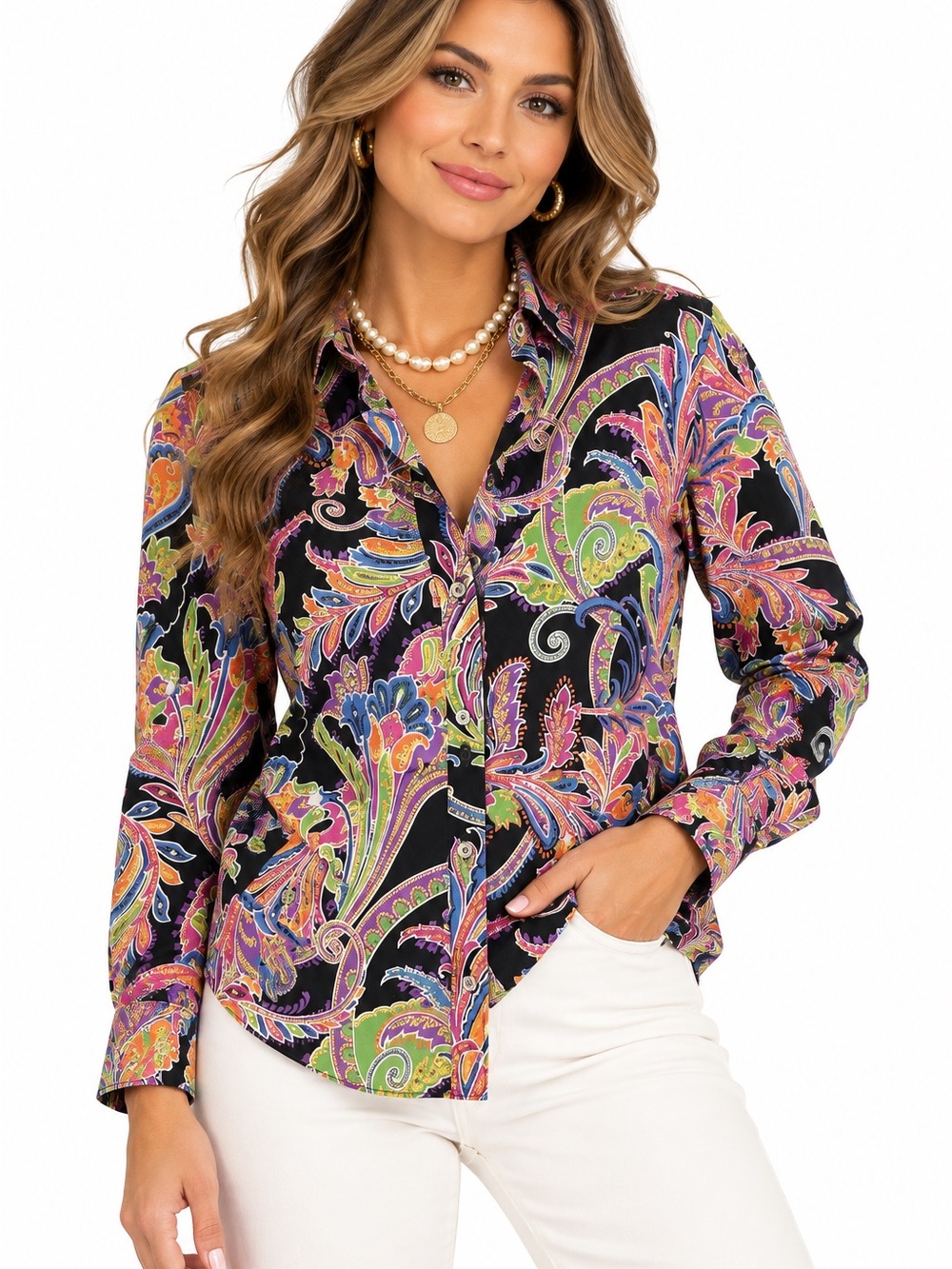 Lauren Ralph Lauren Black Multicolor Non-Iron Petite Paisley Button Up